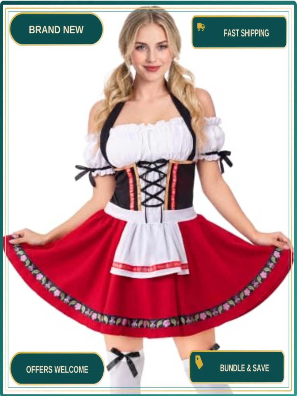 Oktoberfest Dirndl Dress Costume Set with Thigh High Stockings